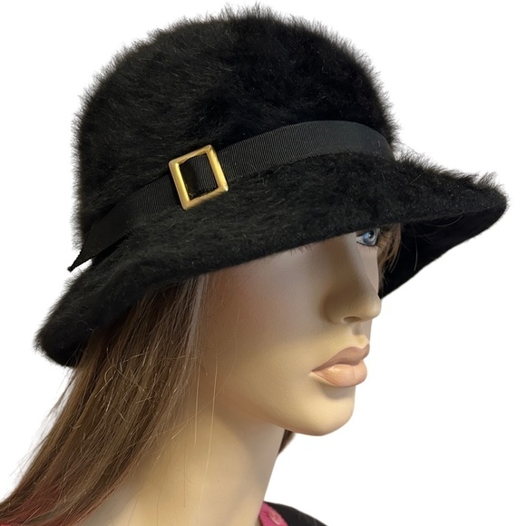 Kangol Fuzzy Angora Hat  Wool Soft Furry Luxe Bucket Cloche Trilby Black Vintage - Picture 1 of 11
